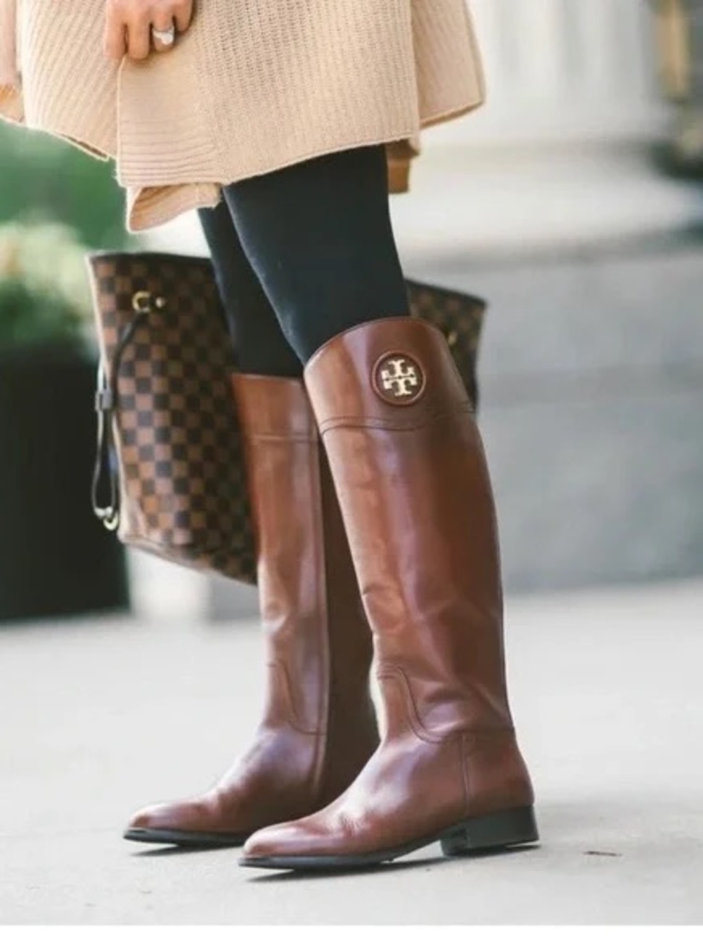 Tory Burch Chestnut Brown Leather Knee Boots with Gold Logo